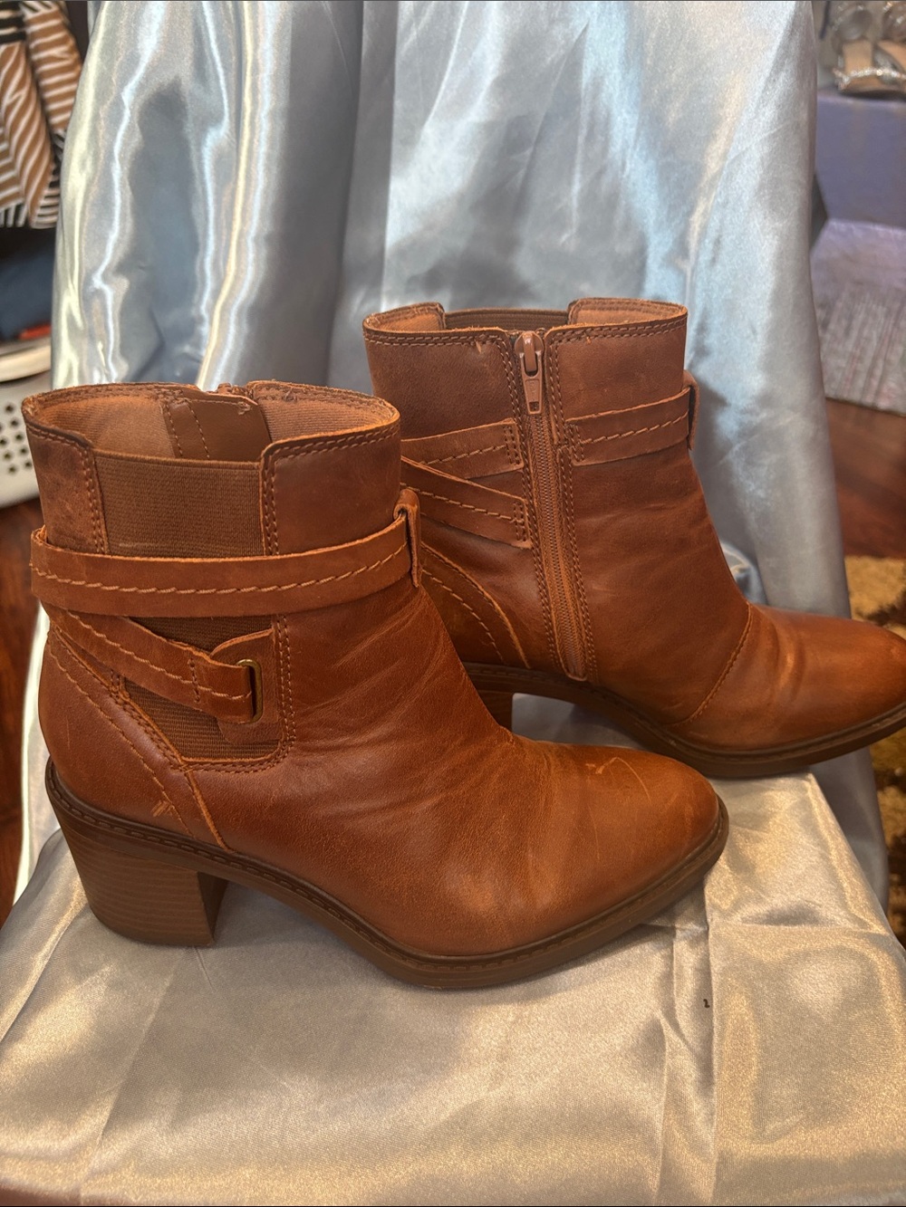 Clarks Cognac Leather Ankle Boots with Strap Detail